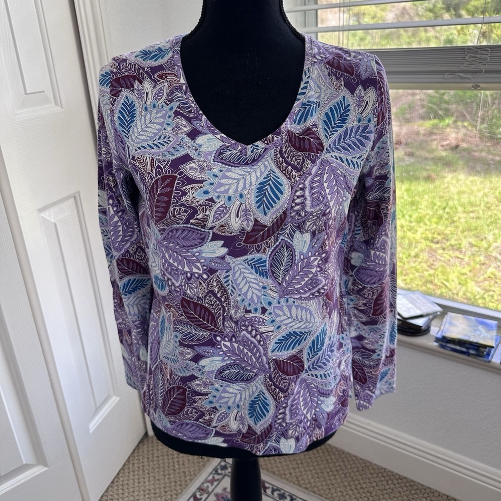 Talbots Purple Leafy V Neck Pullover 3/4 Sleeve Purple Cotton Spandex Size S